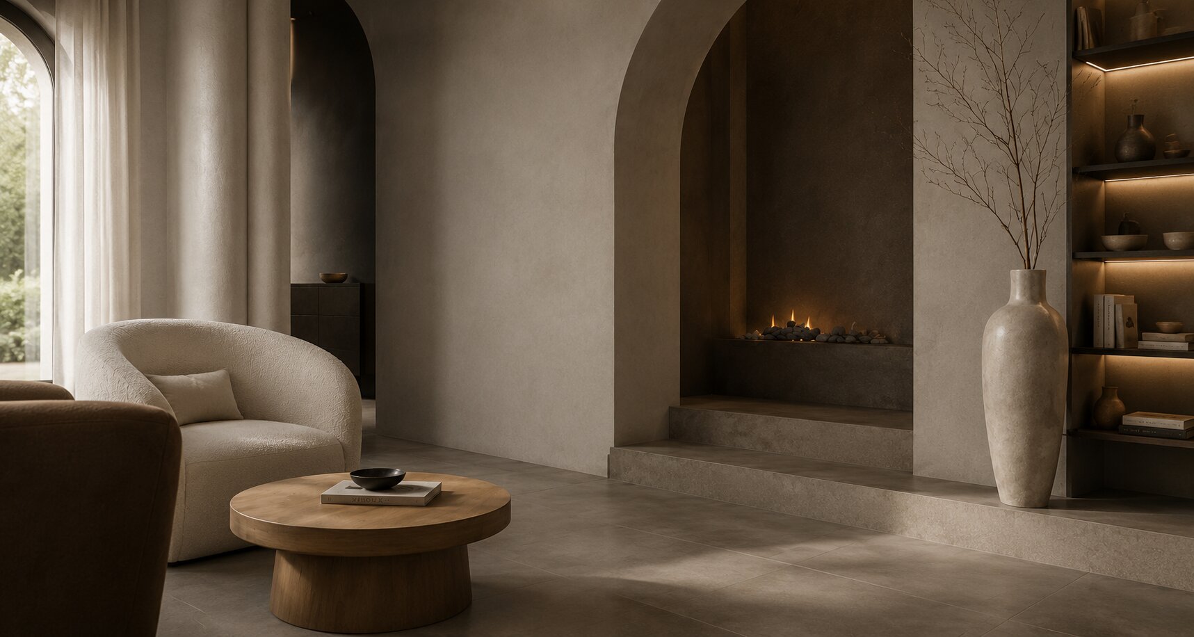 Warm minimalist living room with stone fireplace, KASA interior architecture