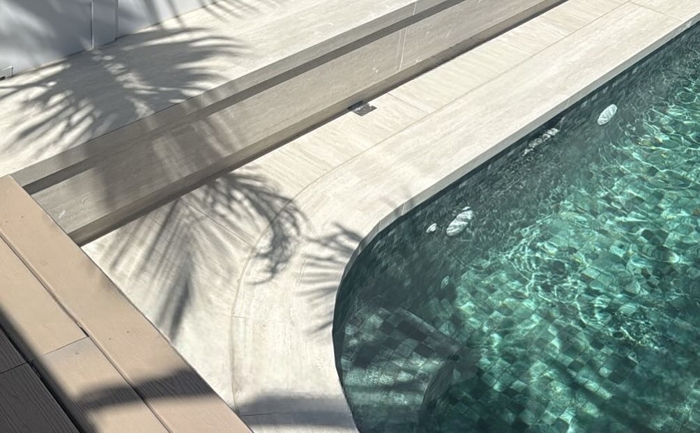 Sunlit poolside terrace, Mediterranean palette